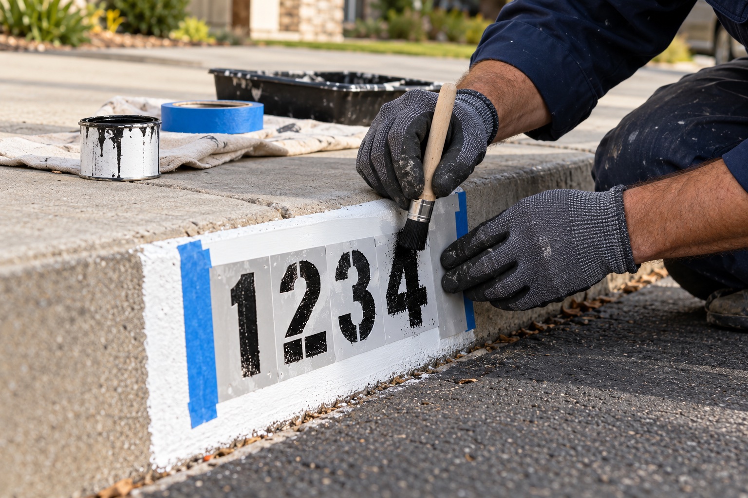 Curb address painting in progress